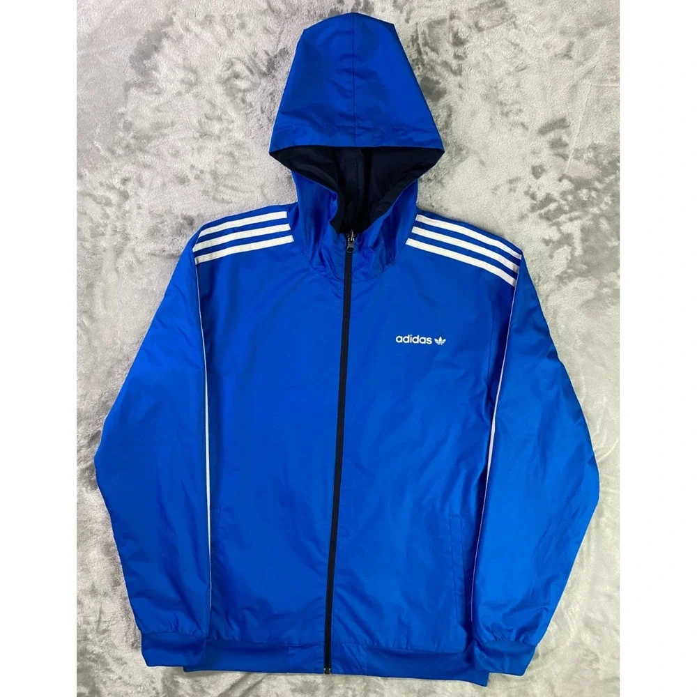 Adidas‎ Itasca Windbreaker Jacket Mens M Blue Reversible Hooded Full Zip Trefoil